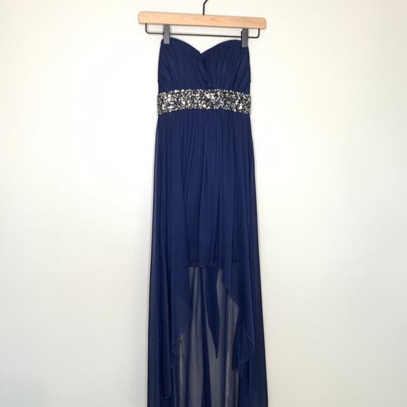 Sheer Navy Formal Maxi Dress B. Darlin – Beaded Waist, Size 2 Sheer Overlay - Picture 3 of 6